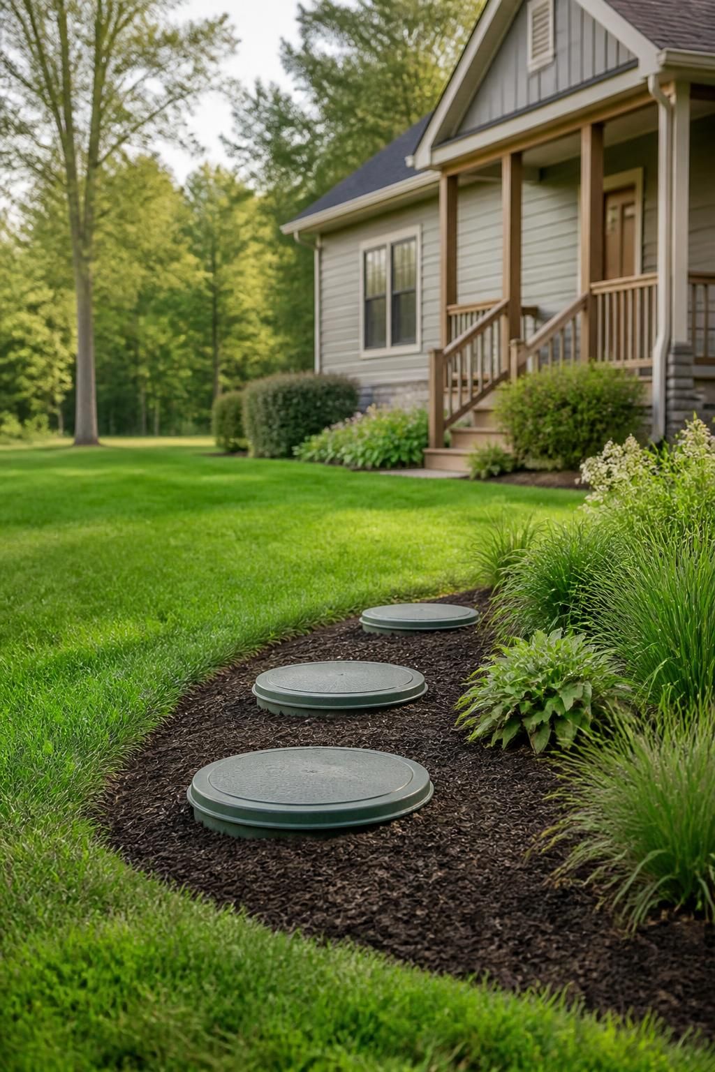 Well-maintained home exterior with a tidy septic area