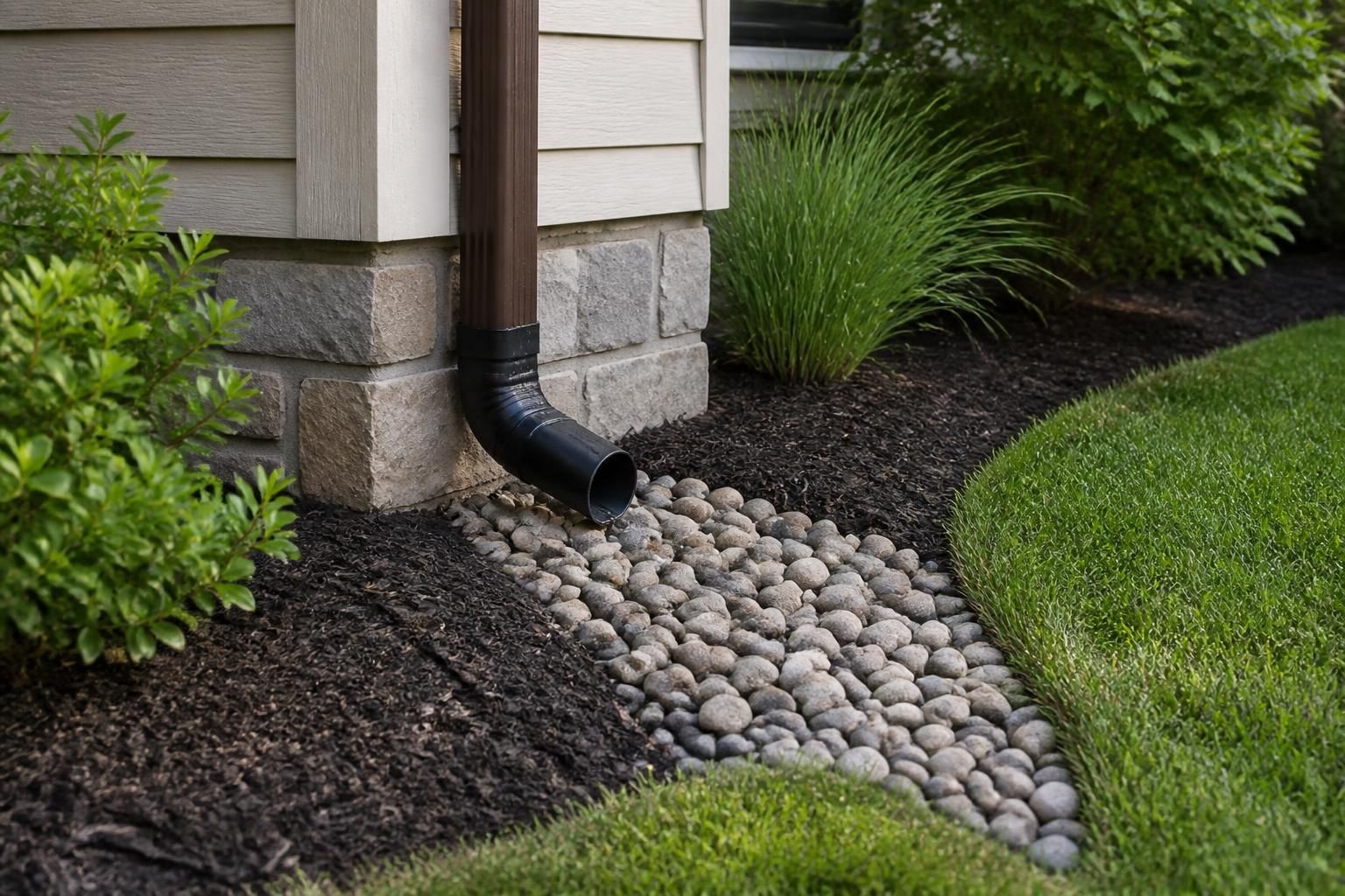 Newly installed drain line in a neatly landscaped yard