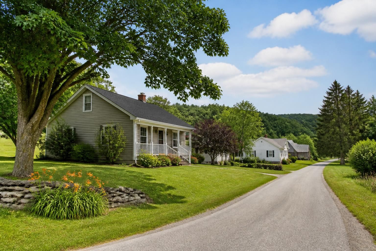 Fairfield rural neighborhood with open lawns and greenery
