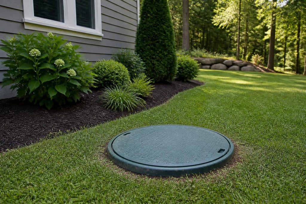 Fresh septic access lid in a neatly landscaped yard