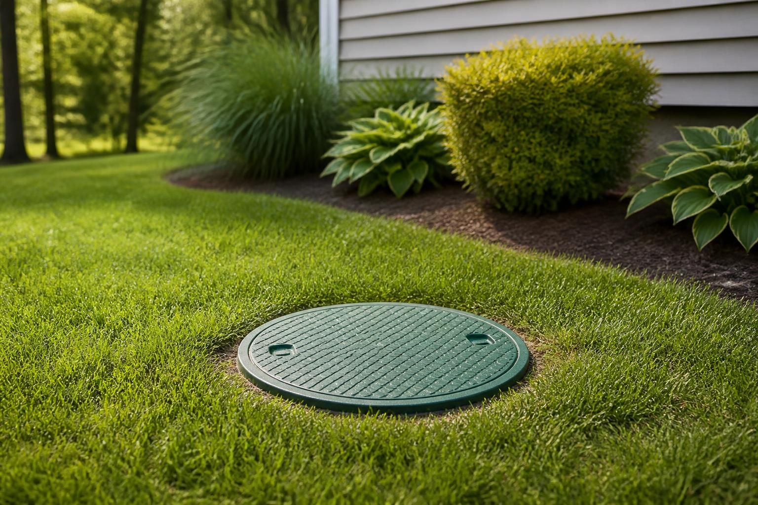 Septic inspection access point in a tidy residential yard