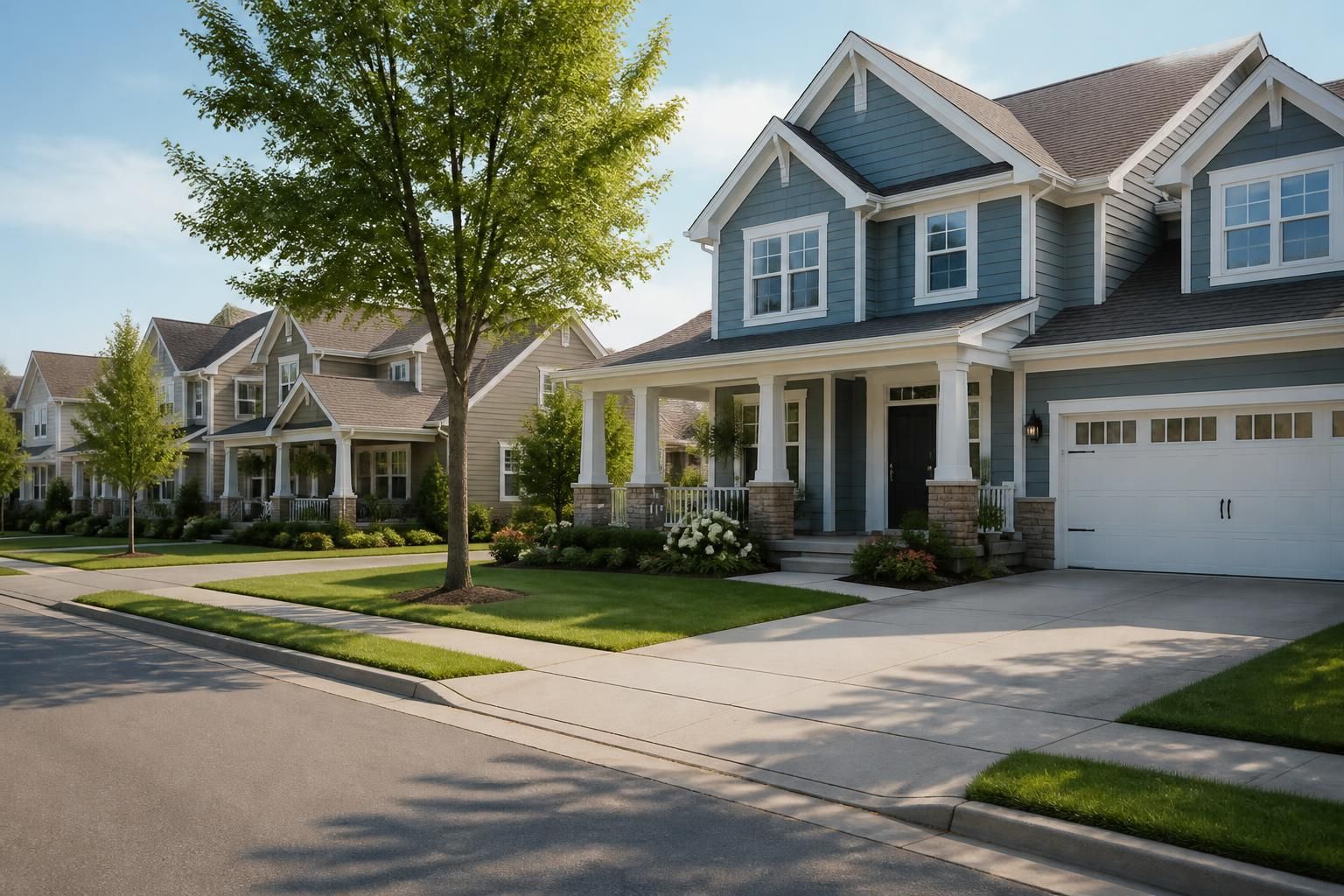 West Columbia suburban street with clean homes and trimmed trees