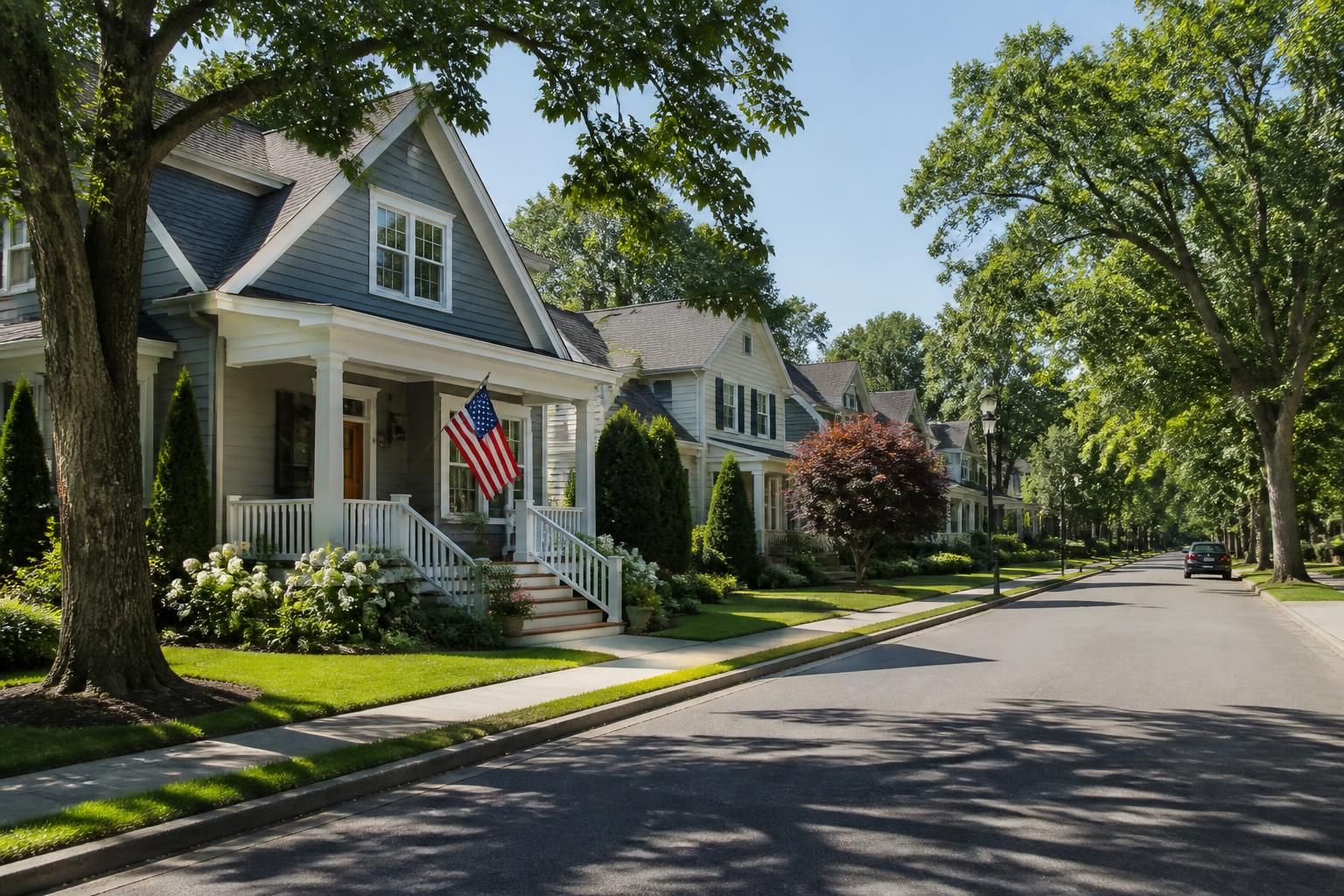 Quiet Winnsboro neighborhood street with tidy homes and trees